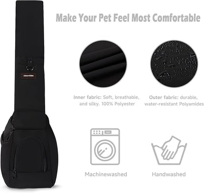 Dog Carrier Sling, Cat Sling Carrier, Adjustable Soft Padded Shoulder Strap with Storage Pocket, Small Dog and Cats Sling Carriers up to 10 lbs, Hands-Free Pet Carrier for Travel Hiking Walking Black