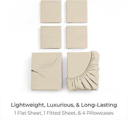 Mellanni Queen Sheet Set - 6-Piece Iconic Collection Bedding, (Including 4 Pillowcases), 21-Inch Extra Deep Pocket, Easy Care, Ultra Soft, Cooling Sheets, Brushed Microfiber - Beige
