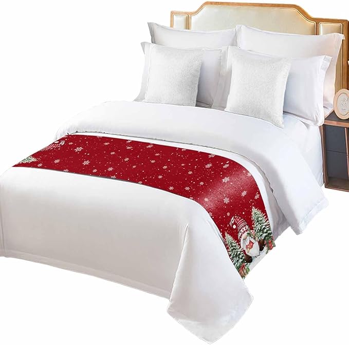 Christmas Gnomes Red Bed Runner for King Size Bed, Xmas Decorative Bed Scarf Throws for Foot of Bed, Rustic Tree Snowflake Luxury Bedding Protector Slipcover Bed Runners for Hotel/Home, 94 x 20 Inch
