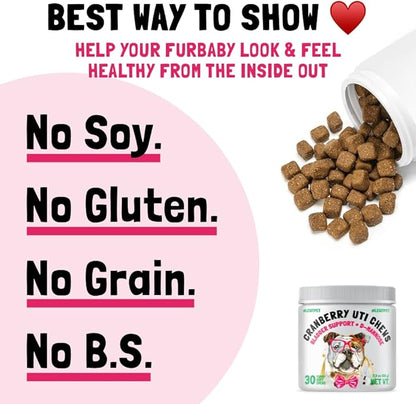 Cranberry UTI Chews for Dogs Bladder Support + D-Mannose Supports Kidney Urinary Tract and Bladder Health Natural Cranberry Wellness Supplement Immune System Booster Natural Pet Antioxidant 30 Chews