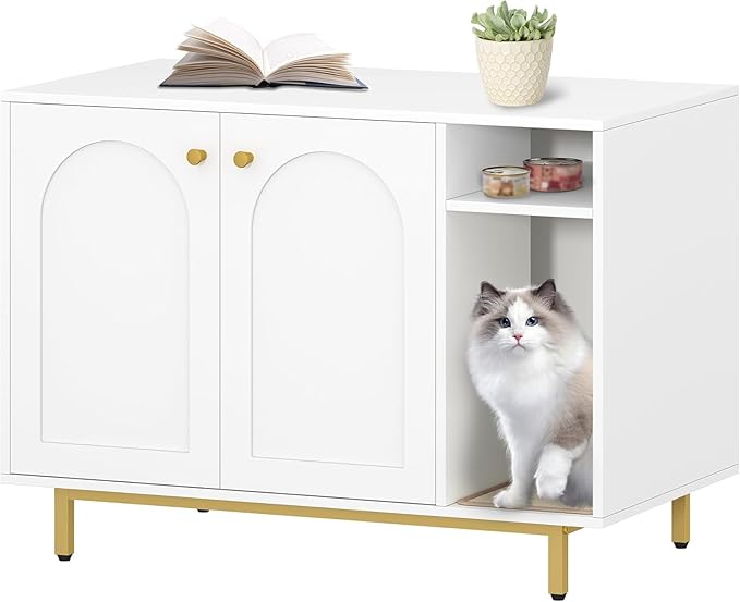 Hzuaneri Cat Litter Box Enclosure Enclosed, Hidden Litter Box Cabinet Furniture with Storage, Wooden Indoor Cat House Large, Modern End Table for Living Room Entryway, White and Gold CB84903A