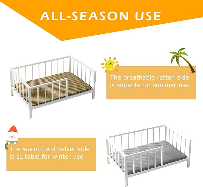 OSCHF Dog Bed with Rails - Elevated Pet Metal Bed Frame with Solid Wood Board and Washable Soft Mat for Medium Dog Indoor or Outdoor Use, 25.2" x 37.8", White