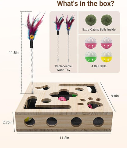 Cat Toys for Indoor Cats - Cat Nail File Box with Interactive Cat Toys, 2026 Upgraded Cat Puzzle Feeder Scratch Puzzle Toy for Indoor Cats, Natural Claw Care with 2 Wand Toys&Catnip Ball&4 Bell Ball