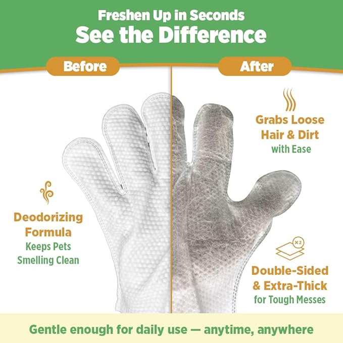 12pc. Premium Pet Glove Cleaning Wipes for Dogs & Cats | Textured, Deodorizing & Hypoallergenic Gloves with Aloe Vera & Shea Butter – Gentle, Skin-Safe Wipes for Fur, Face & Body, Odor Control
