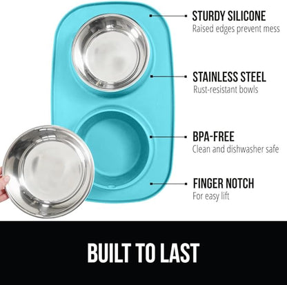 GORILLA GRIP Feeding Mat Bowl Set, 3 Cup 100% Waterproof BPA Free Silicone, 304 Stainless Steel Cat and Dog Bowls for Food and Water, Slip Resistant, High Edge, US Designed, Patent Pending, Turquoise