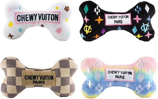 Haute Diggity Dog Chewy Vuiton Bones Plush Squeaky Dog Toys, Soft Durable Designer-Inspired Stuffed Puppy Chew Toys for Small & Medium Dogs, Machine-Washable (Assorted Colors) One Size, 4 Pcs