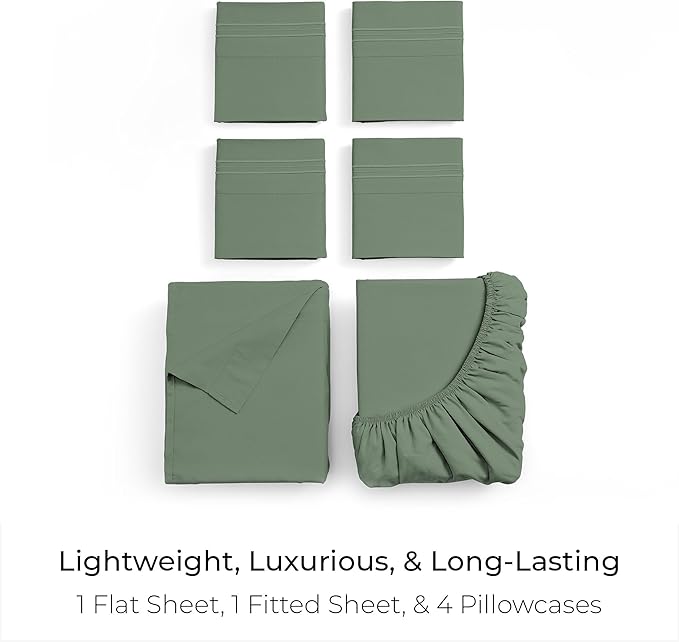 Mellanni Full Sheet Set - 6-Piece Iconic Collection Bedding, (Including 4 Pillowcases), 21-Inch Extra Deep Pocket, Easy Care, Ultra Soft, Cooling Sheets, Brushed Microfiber - Sage
