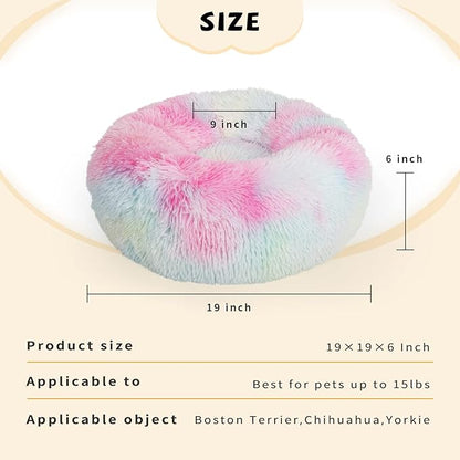 nononfish Calming Donut Beds for Small Dog Washable, 19 Inch Fluffy Round for Puppies, Cats & Toy Breeds with Raised Rim, Fits up to 15 lbs Pets, Multi Colored
