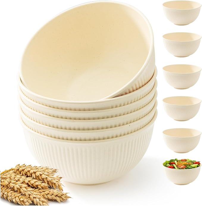 6 Pcs 24 oz Unbreakable Cereal Bowls, Reusable Plastic Lightweight Bowls, Made from Wheat Straw Fiber, Ideal for Salads, Soups, Ramen, Noodles (The color of rice, 24OZ)