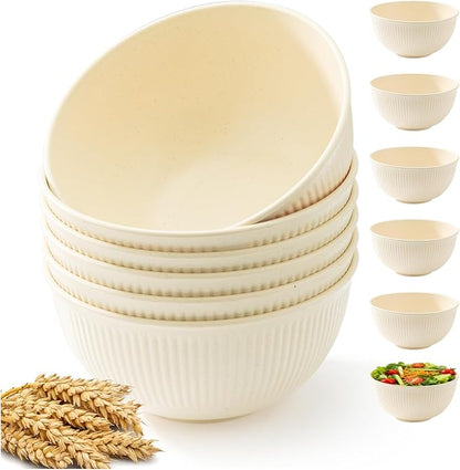6 Pcs 24 oz Unbreakable Cereal Bowls, Reusable Plastic Lightweight Bowls, Made from Wheat Straw Fiber, Ideal for Salads, Soups, Ramen, Noodles (The color of rice, 24OZ)