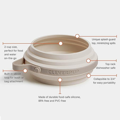 Cleverpup Nomad Small Collapsible Travel Dog Bowl - 2 Cup BPA-Free Silicone for Small & Medium Dogs, Portable, Sturdy, Food & Water, Dishwasher Safe - Sand
