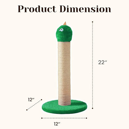 Cat Scratching Post for Small Space, 22'' Scratching Posts for Indoor Cats Adults, Extra Wide 13.4" Stable Base & Natural Sisal, Cute Cat Scratching Post with Short Plush Fabric for Large Cats, Green