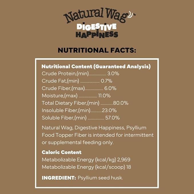 Natural Wag Digestive Happiness 100% All-Natural Psyllium Husk Powder for Dogs - Single Ingredient Fiber Dog Food Topper Mix-in - Aids Regularity and Gut Health, Supports Digestion & Elimination