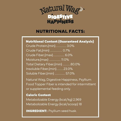 Natural Wag Digestive Happiness 100% All-Natural Psyllium Husk Powder for Dogs - Single Ingredient Fiber Dog Food Topper Mix-in - Aids Regularity and Gut Health, Supports Digestion & Elimination