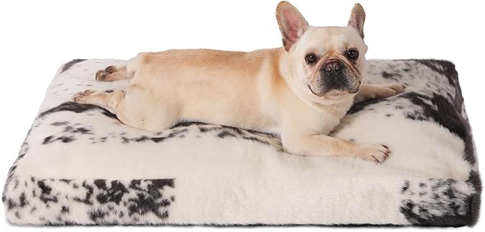 Bedfolks Plush Waterproof Dog Crate Bed - Removable Washable Cover, Faux Fur, 29"x21", Black-White Cowhide