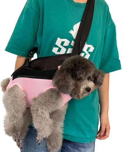 Pet Dog Carrier Backpack, Portable Breathable Mesh Chest Carrier, Polyester Woven Double Shoulder Pet Bag for Outdoor Adventures (Pink, Large)