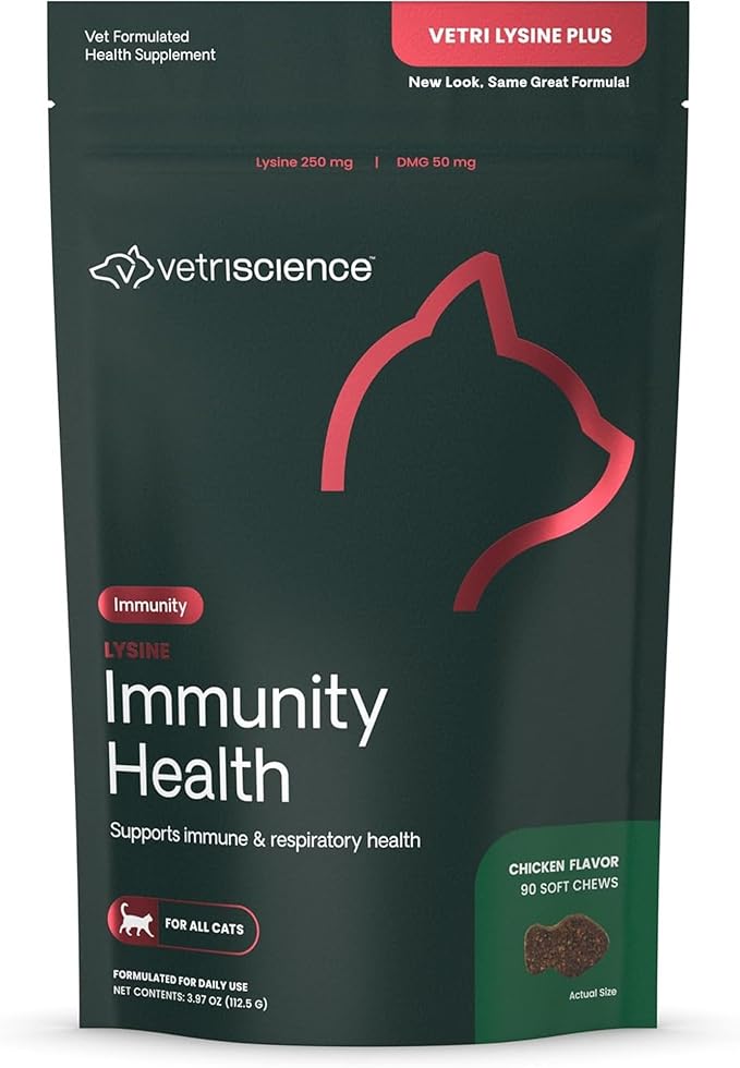 VetriScience Lysine Immunity Health Chews, 250 mg Immune Supplement for Cats and Kittens with Allergies, Sneezing, Runny Nose and Watery Eyes, Chicken, 90 Count