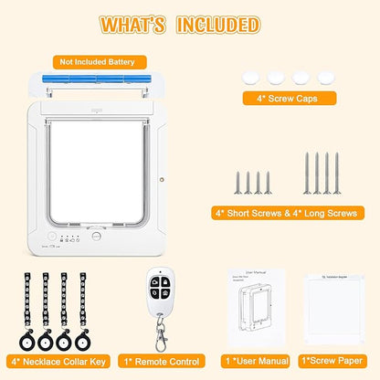 Smart Cat Door with 4 Collar Sensor Key, RFID Cat Door Collar Activated with Remote Control, 4 Way Locking Cat Flap Automatic Pet Door Interior & Exterior(Brown)