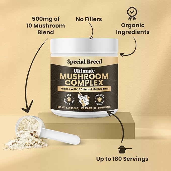Mushroom Powder for Dogs & Cats - Organic Mushroom Complex for Immune Support, Cognition, Vitality - Ten Mushroom Supplement with Turkey Tail, Lion's Mane, Reishi - 180 Scoops