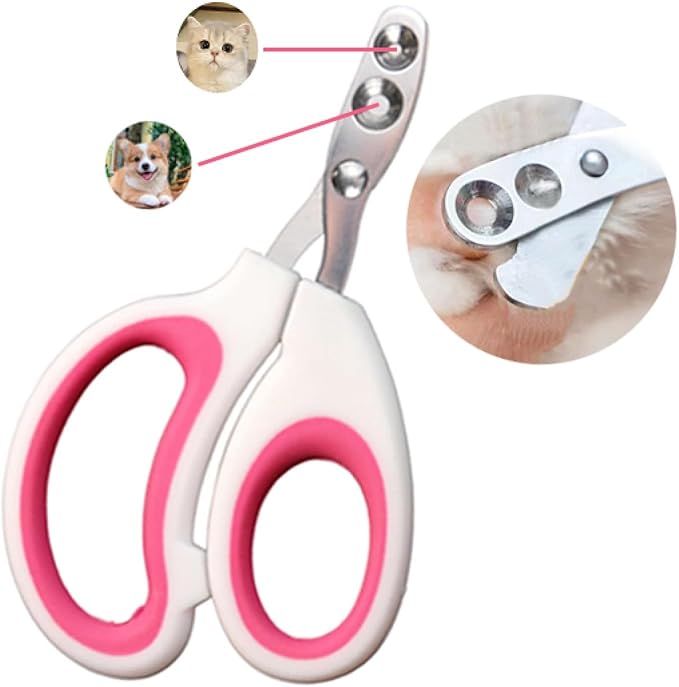 Newly Upgraded Design Cat&Dog Nail Clipper with Two Circular Cutting Holes of Different Size(2mm&4mm)-Avoid Over Cutting Pet Nail Clippers - Professional Paw Trimmer Set for Pet (Pink)