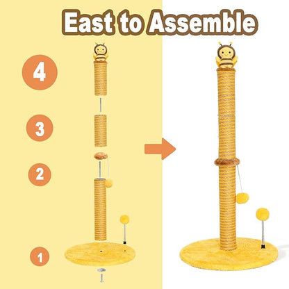 Bee Cat Scratching Post, 36" Tall Cat Scratcher for Indoor Cats - Modern Sisal Scratch Post with Dangling Ball & Plush Toys for Kittens and Adult Cats