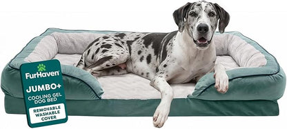 FurHaven Cooling Gel Dog Bed for Large Dogs, Perfect Comfort Sofa Bed, Cool Gel-Top & Orthopedic Foam Base for Joint Support, Removable Washable Cover, Jumbo Plus XXL, Plush & Velvet, Celadon Green