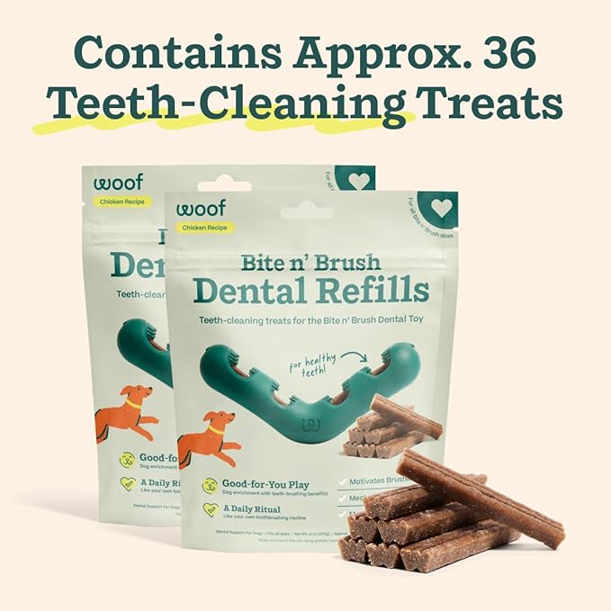 WOOF - Bite n' Brush Refills Treats for the Dog Toothbrush Toy - Scrub Plaque and Tartar from Your Dog's Teeth and Mouth - Dog Dental Sticks - 36 Refills - Chicken - 2 Pack