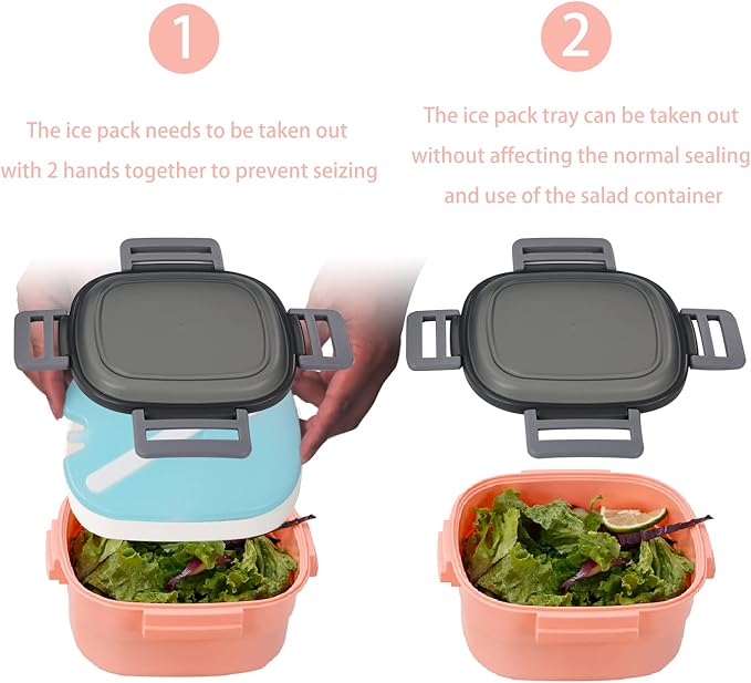 Freshmage Salad Container for Lunch with Ice Pack, Leakproof BPA-Free 52-oz Lunch Container with 4 Compartments, Salad for Men, Women (Pink+Ice Pack)