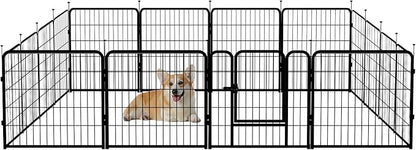 Amazon Basics Dog Playpen, 16 Panels Metal Fence with Door, Foldable for Indoor and Outdoor Use, Suitable for Small to Medium Sized Dogs, 24 Inch Height, Black