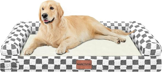 Large Dog Bed Orthopedic Washable: Beds Bolster XL Bed Medium Large Dogs Egg Crate Foam Couch Sofa Waterproof with Removable Cover - Dark Grey Grid
