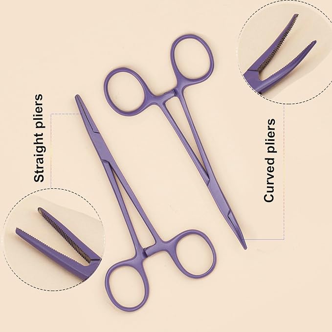 Pets ears/nose hair Puller Straight & Curved full serrated, stainless steel Home Hemostat Locking Forceps, Professional pet grooming tool for cats & dogs 2pcs set （purple）