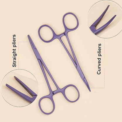 Pets ears/nose hair Puller Straight & Curved full serrated, stainless steel Home Hemostat Locking Forceps, Professional pet grooming tool for cats & dogs 2pcs set （purple）