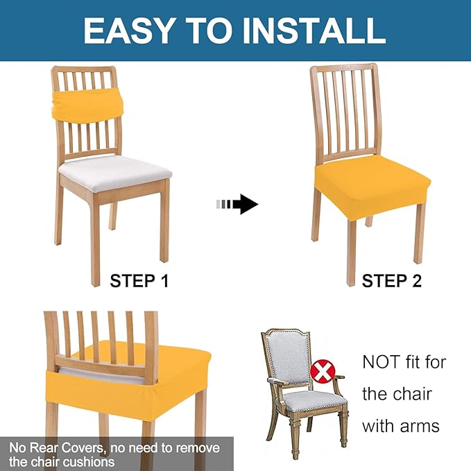 Smiry Waterproof Seat Covers for Dining Room Chairs Set of 4, Stretch Jacquard Removable Washable Chair Seat Slipcovers Protector, No Rear Covers, Mustard Yellow