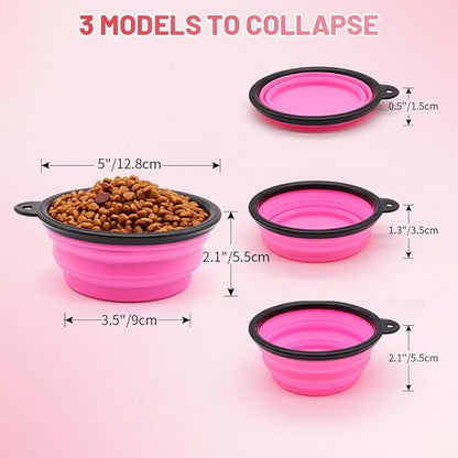 SLSON Collapsible Dog Bowls, 2 Pack, Portable Pet Feeding Watering Dish for Traveling with Carabiners (Small, Orange+Pink)