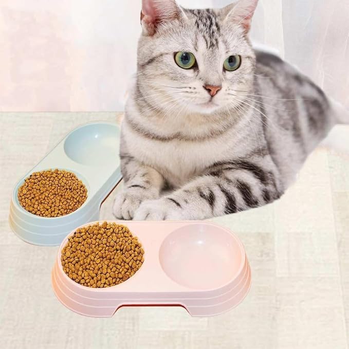 Pet Food and Water Bowl, Double Feeding Bowls, Small Grey, for Cats and Small Dogs, Portable Pet Accessories (Pink)
