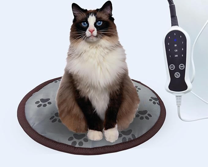 Pet Heating Pad for Small Dogs & Cats - Electric Heated Bed with Timer, Chew Proof, Easy Clean, Round - D16 inch