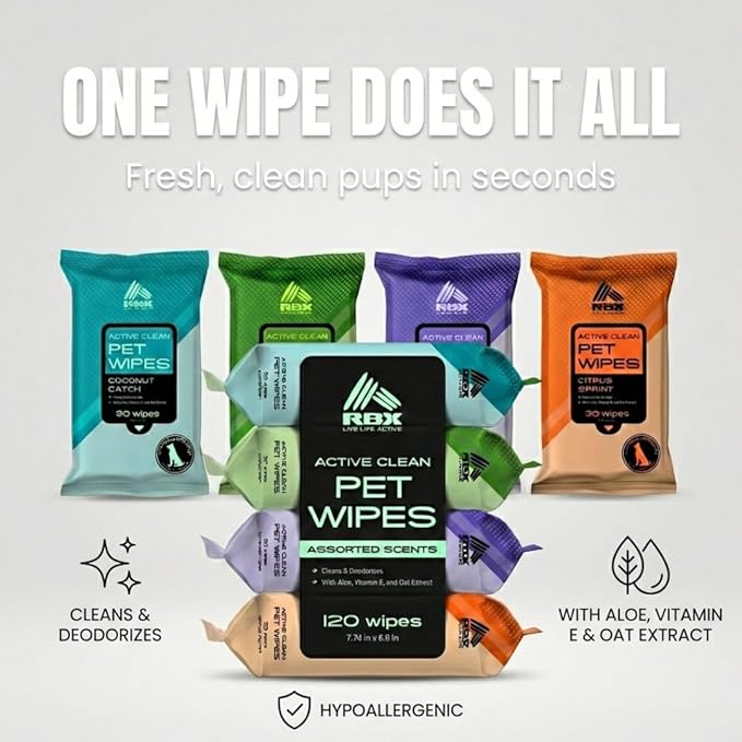 RBX Active Clean Dog Wipes for Paws and Butt (120 Count) – Pet Wipes Cleaning & Deodorizing with Aloe, Vitamin E & Oat Extract – Hypoallergenic Puppy Wipes, 4 Scents