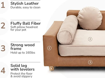 dCee Luxury Dog Sofa Bed, Luxury 42" Leather Pet Couch for Large Dogs, Washable Velvet Cushion, Sturdy Wooden Frame, Anti-Slip Design, Joint Support, Comfortable and Stylish for Pets Up to 160 Lbs