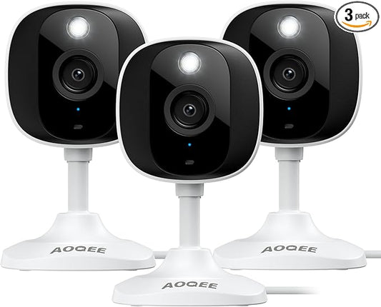 AOQEE 2K Cameras for Home Security-Outdoor/Indoor Camera for Dog/Cat/Pet/Nanny/Baby/Elderly, Color Night Vision, White Light, Siren, 24/7 SD Recordings, Works with Alexa, Plug in (C1-White-3pack-2.4G)