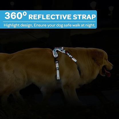 FURRYFECTION Plaid Dog Harness for Medium Dogs, Reflective No Pull Adjustable Pet Vest with Front Clip, Leash, Easy Control Handle and Seat Belt, Blue&White, M