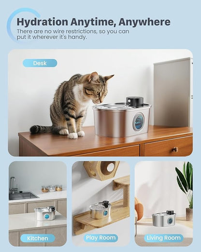 Wireless Cat Water Fountain: Battery Operated Stainless Steel Pet Fountain, Automatic Cordless Water Dispenser Indoor, Metal Bottle for Drinking, Rechargeable Dog Water Bowl(6 Filters+ 3 Sponges)