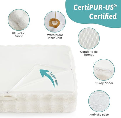 COZY KISS Faux Rabbit Fur Orthopedic Dog Bed, Large Dog Bed, Supportive Foam Pet Sofa with Waterproof Lining Cover, Washable U-Shaped Pet Couch with Anti-Slip Bottom Design, Beige XL 42x30x7 inch