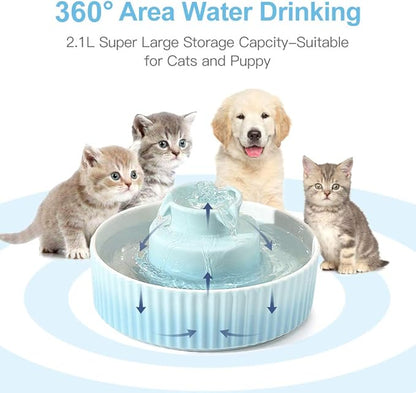 360 Ceramic Pet Fountain, Advanced Porcelain Cat Water Fountain, 70 oz.Drinking Fountains Bowl for Cat and Dogs with Replacement Filters and Foam (Green Blue)