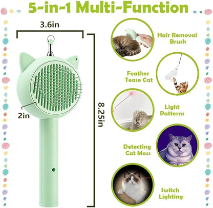 5-in-1 Cat Toy with Laser Pointer, Self-Cleaning Deshedding Brush & Retractable Fishing Pole, Interactive Pet Grooming Comb for Cats & Kittens