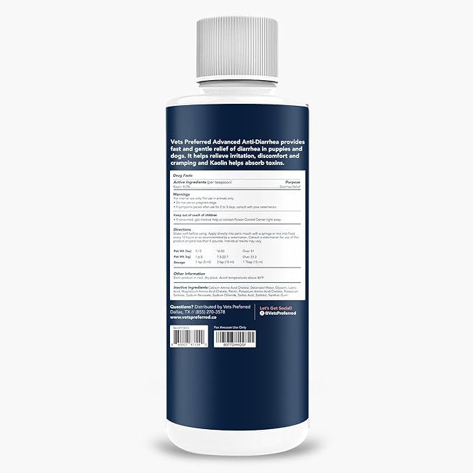 Vets Preferred Anti-Diarrhea & Gas Relief for Dogs – Kaolin Formula to Soothe Upset Stomach & Support Digestive Health – All Breed & Size Dogs – 8 fl oz Liquid – Made in USA