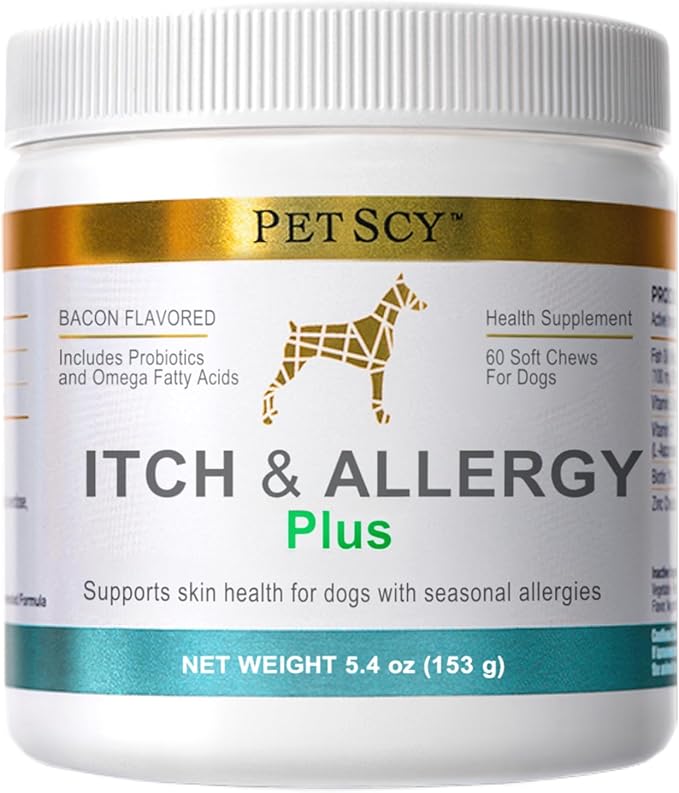 PetScy Itch & Allergy Plus Dog Allergy Chews for Itchy Skin, Ears & Paws | Colostrum, Probiotics & Quercetin | Dog Allergy Relief for Skin Redness, Immunity and Digestive Health - 60 Chews (Pack of 3)