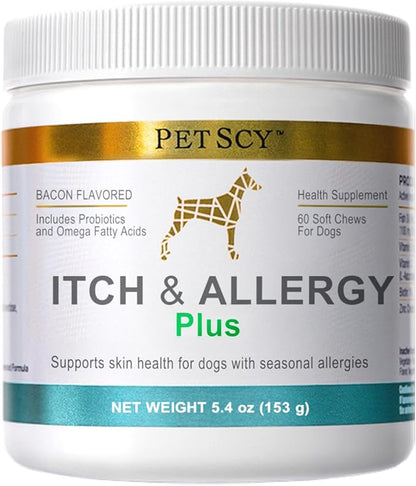 PetScy Itch & Allergy Plus Dog Allergy Chews for Itchy Skin, Ears & Paws | Colostrum, Probiotics & Quercetin | Dog Allergy Relief for Skin Redness, Immunity and Digestive Health - 60 Chews (Pack of 3)