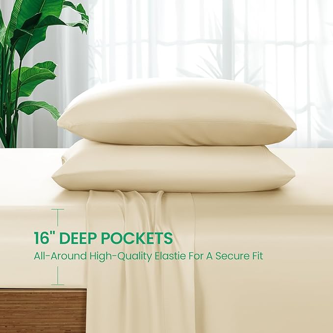 SONORO KATE 100% Viscose Derived from Bamboo_Sheets King Size, Ultra Breathable & Cooling Bed Sheets for Hot Sleepers, Hotel Luxury Silky Bedding Sheets, 16" Deep Pocket - 4PC (Beige,King)