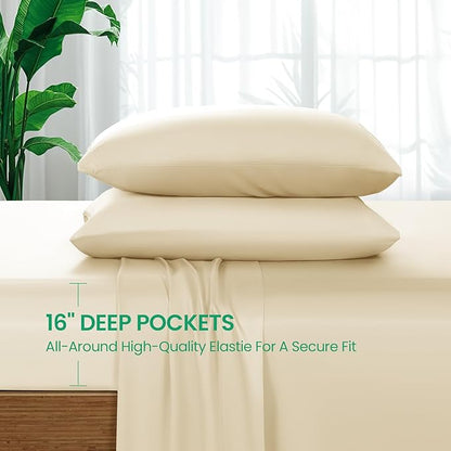 SONORO KATE 100% Viscose Derived from Bamboo_Sheets Cal King Size, Ultra Breathable & Cooling Bed Sheets for Hot Sleepers, Hotel Luxury Silky Bedding Sheets, 16" Deep Pocket - 4PC (Beige,Cal King)