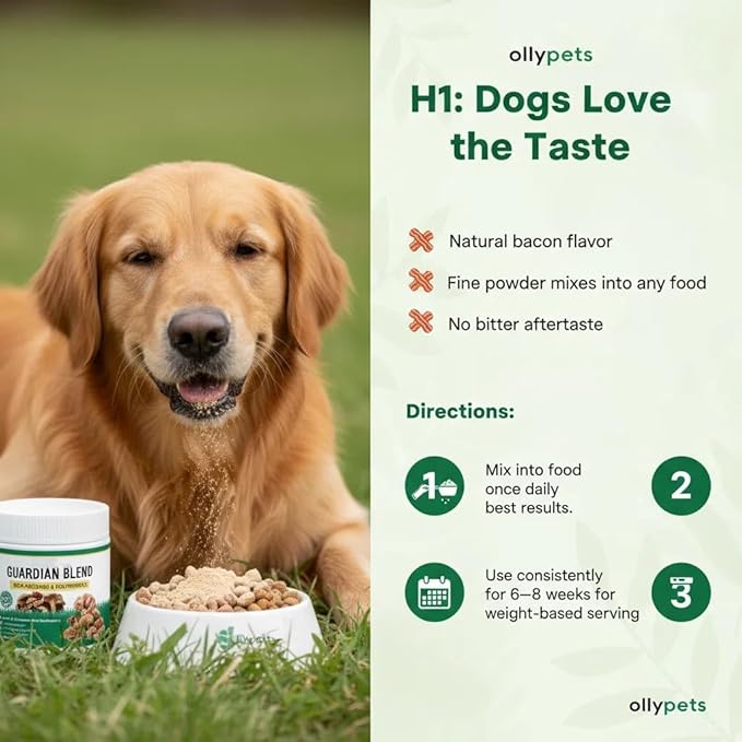 Guardian Blend – 11-Mushroom Daily Support Powder for Dogs | Promotes Healthy Skin, Coat & Immune Function | Natural Formula, Bacon Flavor, Mixes Easily with Food